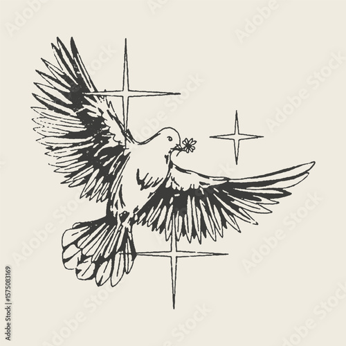 Beautiful vintage illustration of a dove flying with a flower, surrounded by celestial stars, representing peace and hope.