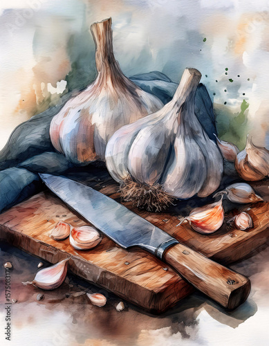A watercolor painting of whole and peeled garlic cloves on a wooden cutting board with a knife. Generative AI