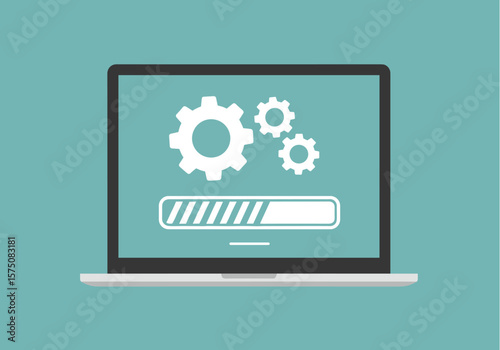 A laptop computer displays an update progress bar and gear icons, representing software installation, system maintenance, or technological advancement on a teal background.