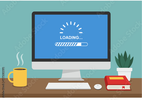 A modern computer displays a progress bar and loading indicator on its screen, symbolizing waiting or processing time on a desk with a coffee mug and plant.