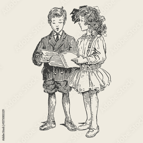 Vintage illustration of a boy and girl reading a book together, dressed in Victorian-era clothing. Retro, nostalgic, and classic children's literature theme.