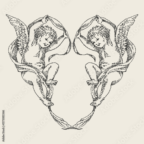 Intricate vintage engraving of two cherubs forming a heart shape with ribbons, evoking love, romance, and divine beauty.