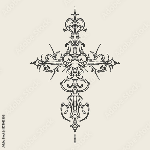 Ornamental vintage cross illustration with intricate floral and baroque elements, perfect for tattoo, decoration, or religious art.
