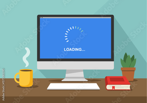 A flat design illustration depicts a computer monitor displaying a "loading" progress bar on a desk with a coffee cup and plant.
