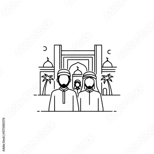 Cultural representation of people in traditional attire near historical architecture