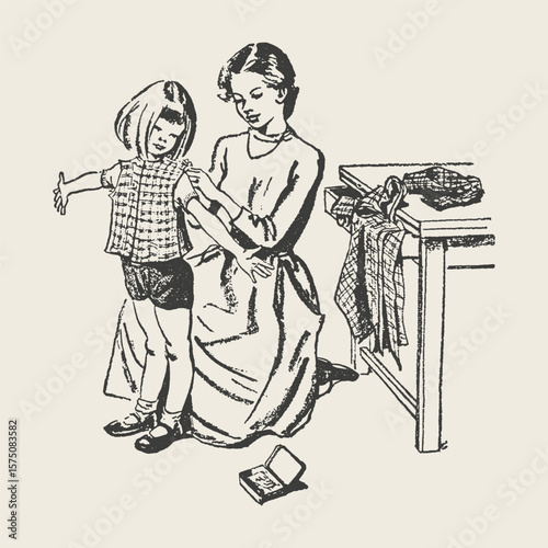 Classic black and white drawing of a mother fitting clothes for her young daughter, depicting care and family bonding.