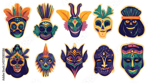 Colorful Mardi Gras Stickers Flat Vector Illustration