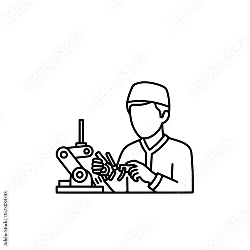 Worker operating machine with hands on production line