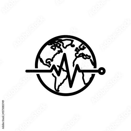 Earth globe with heartbeat line for health and wellness themes