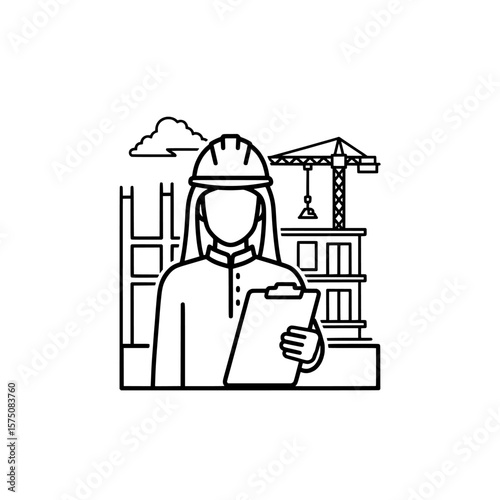 Construction worker with clipboard and building site background
