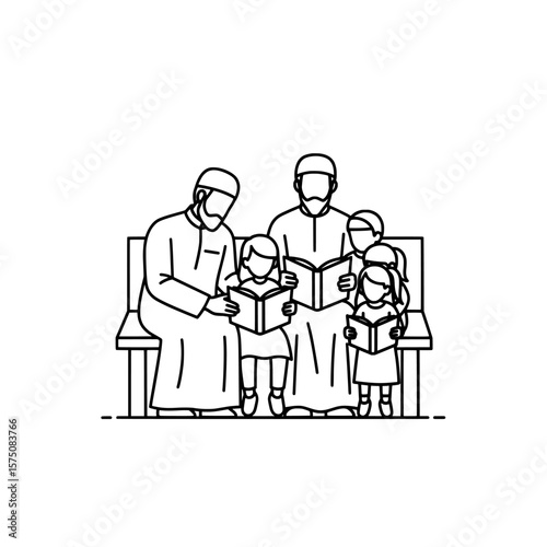 Family reading together in a cozy indoor setting with children and parents