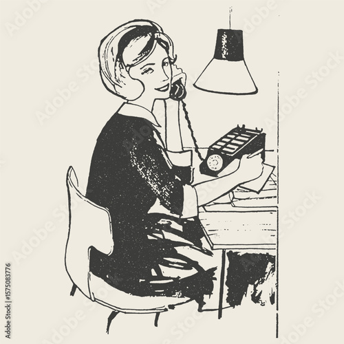 Black-and-white illustration of a woman working at an office desk, using a rotary dial device and talking on the phone. Perfect for vintage business or secretary themes.