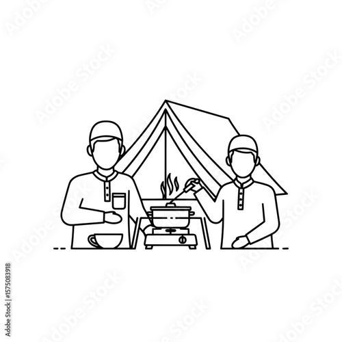 Camping scene with two people cooking under a tent