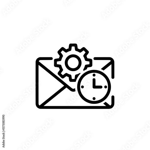 Clock and gear with envelope representing time management and communication