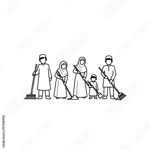 Family working together to clean the home in traditional attire