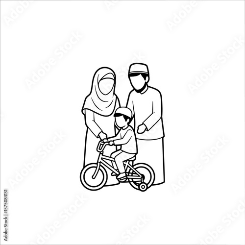Family supporting child learning to ride a bicycle
