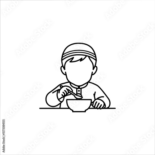 Child enjoying a meal with a bowl and spoon in a simple style