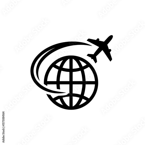 Airplane traveling around globe symbol for global tourism and travel services