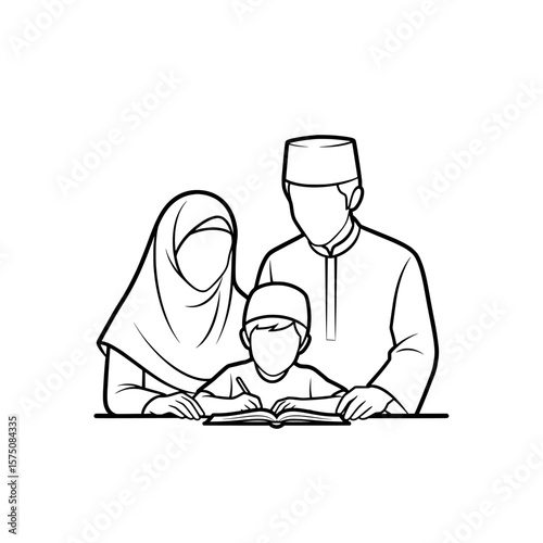 Family learning together with book and traditional attire