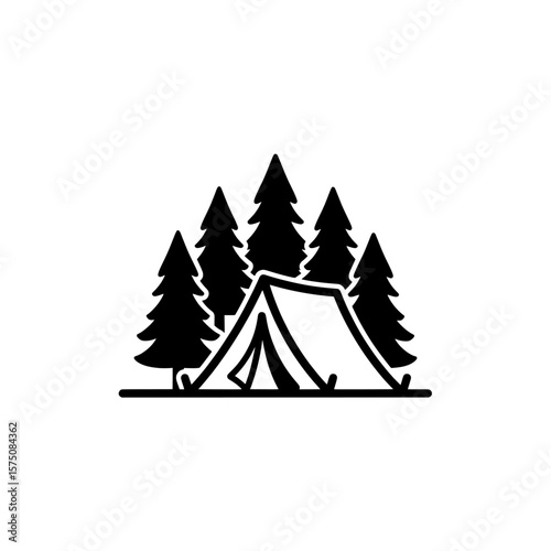 Camping tent surrounded by tall pine trees in a serene outdoor setting