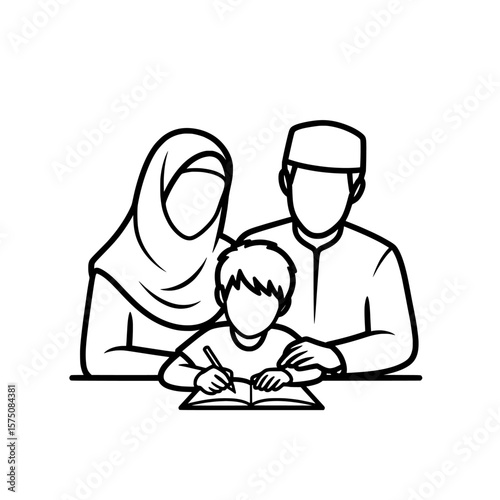 Family helping child with homework at the table