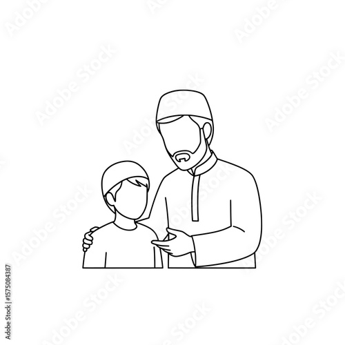 Father and son discussing values in a simple line art style