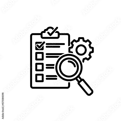 Checklist with magnifying glass and gear for task management and productivity