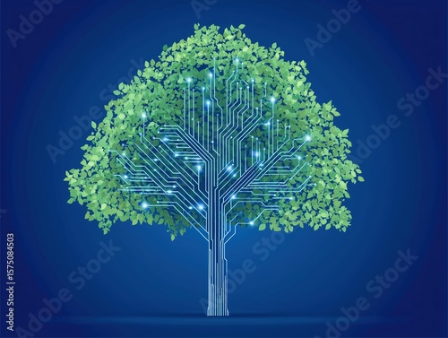 Digital tree design with circuit patterns and green leaves.