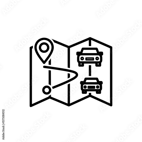 Road map with location marker and car icons for navigation and travel