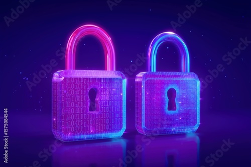 Digital locks with a futuristic neon design on a purple background.