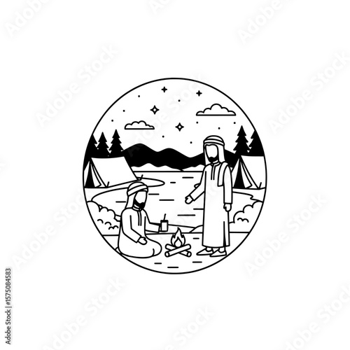 Camping scene with two people by a campfire under the stars