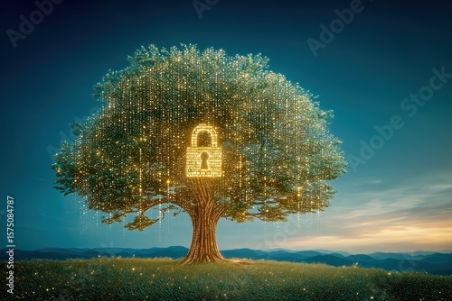 Majestic tree with a mystical aura against a serene backdrop.