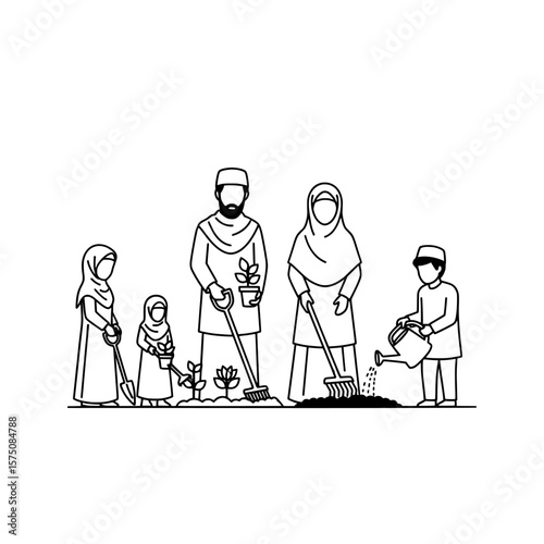 Family gardening together planting flowers and taking care of plants
