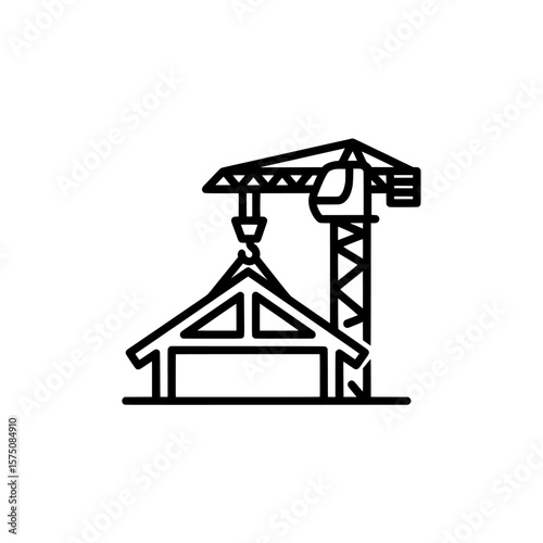 Construction crane lifting house roof in minimal line style