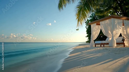 Serene beachfront scene with a white canopy bed on a sandy shore turquoise water and a clear blue sky creating a tranquil atmosphere