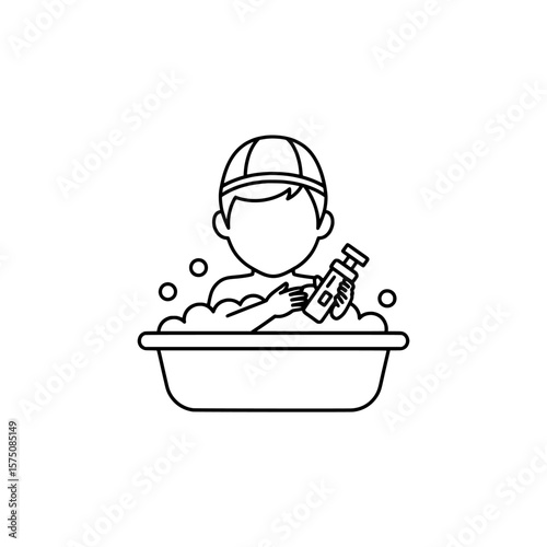 Child taking a bath with bubbles and a bottle in hand
