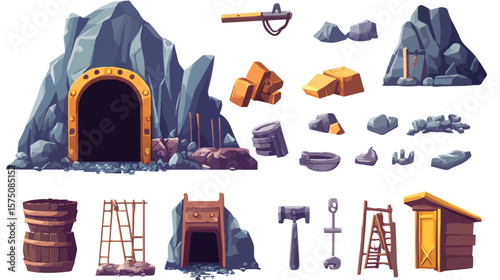 Cartoon Mining Entrance and Tools in a Colorful Illustration