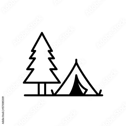Camping scene with tent and pine tree in minimalist style