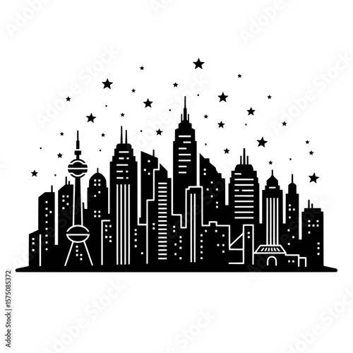 Skyline silhouette with stars at night in a modern urban setting