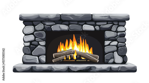 Modern Stone Fireplace with Hot Flame Vector Illustration