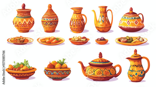 Exquisite Moroccan Food and Traditional Arabic Pottery Display