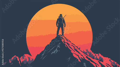 Vintage Mountain Travel Emblem with Man Standing on Summit