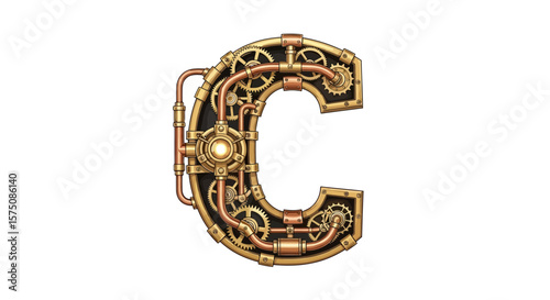 Vector steampunk letter c alphabet illustration with gears and pipes for industrial design and typography