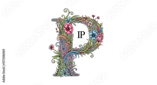 Vector floral letter p illustration with ip initials decorative botanical alphabet design for personalized art