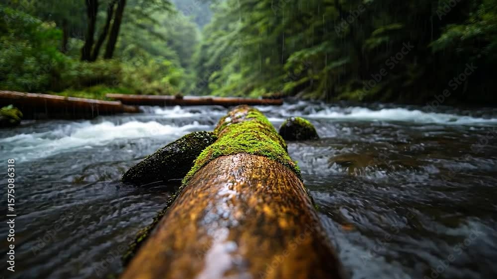 Close up of moss covered log in fast flowing river in dense green forest. Blurred background with water motion and rain