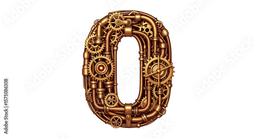 Vector steampunk number zero illustration with gears and pipes for graphic design and creative projects use case