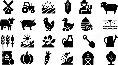 Collection of agricultural icons representing farming and rural life including animals crops machinery and tools for a healthy harvest