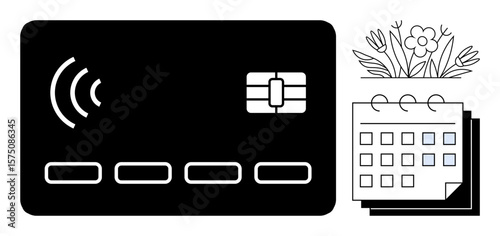Digital payment card with NFC waves, chip, and blank details beside a floral-themed calendar. Ideal for finance, technology, contactless payment, organization, planning, scheduling ecommerce spring