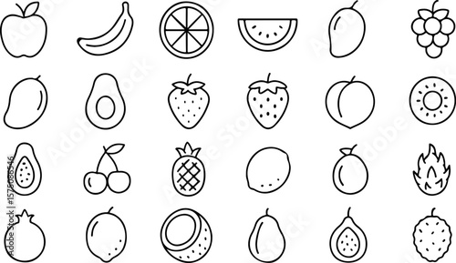 A collection of simple line art icons representing a variety of fresh healthy fruits commonly found in a balanced diet