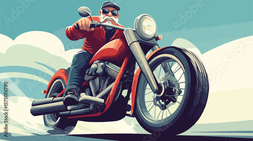 Vintage Cartoon Biker Riding Motorcycle in Flat Vector Style